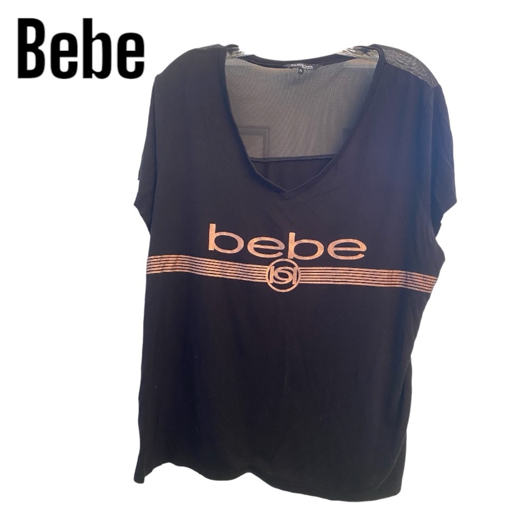 BEBE Black V Neck T-shirt with Copper Logo and Sheer Back sz Xl